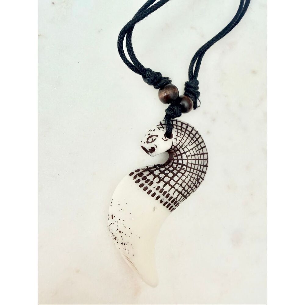 Egyptian Sphinx Tusk Pendant Necklace Adjustable Cord Boho Tribal Jewelry